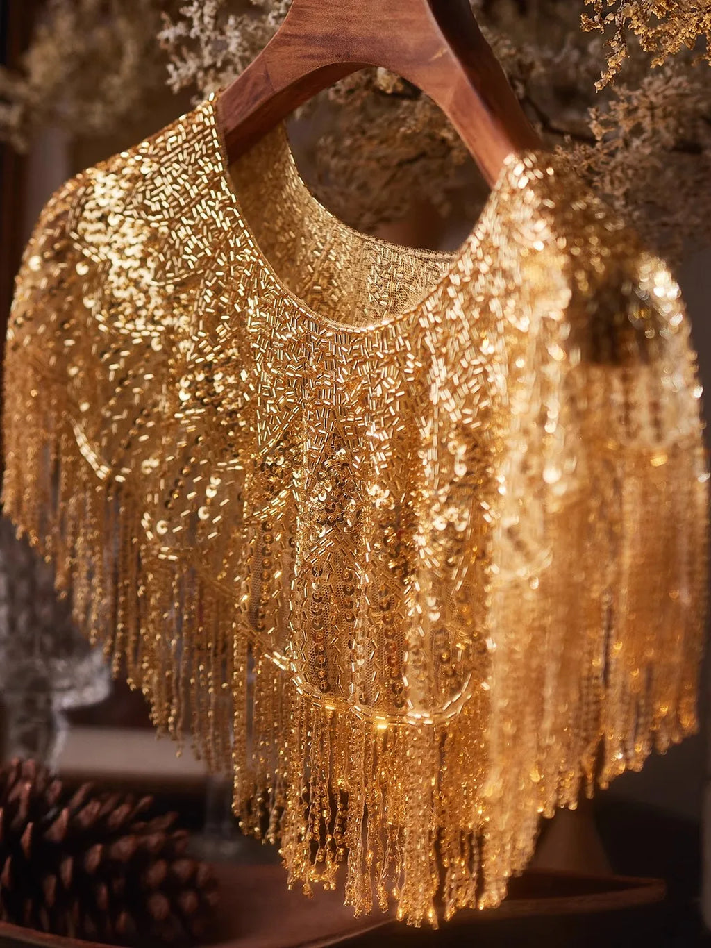 Women's Vintage Sequins Beaded Gold Tassel Pashmina Female Chinese Style Show Cosplay Party Shawl Cloak Collar R3016